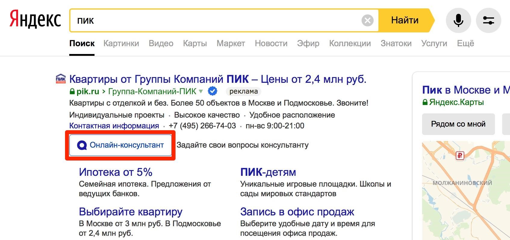 Как выглядит онлайн-чат в выдаче Яндекса