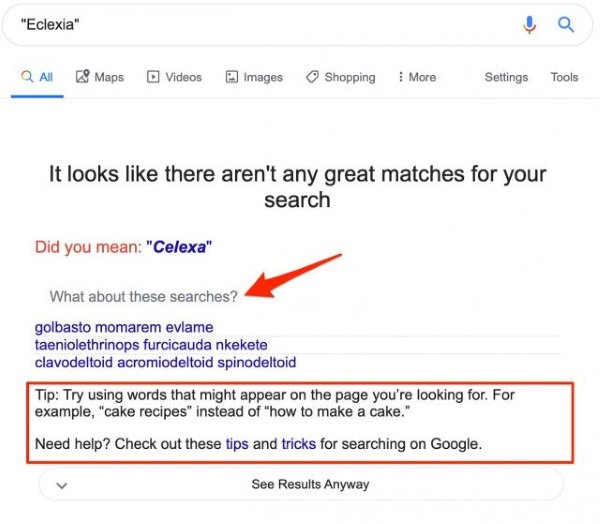 Google дает советы по поиску, когда не может найти результатов по запросу
