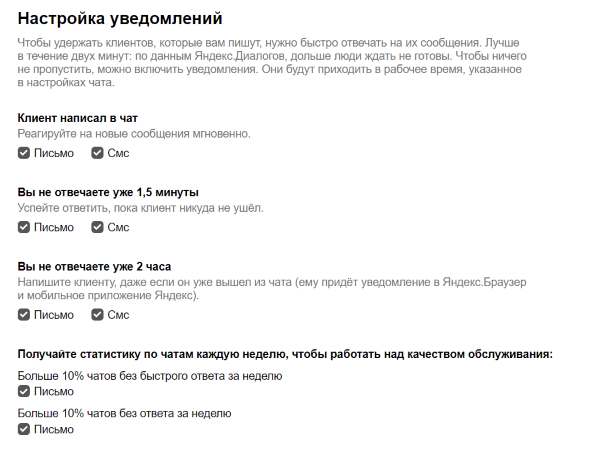В Яндекс.Диалогах появились email и SMS-уведомления о новых чатах