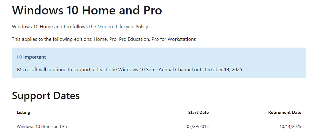 Microsoft прекращает поддержку Windows 10 14 октября 2025 года