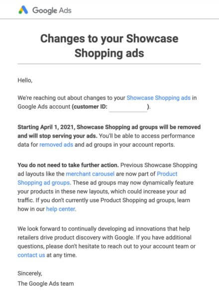 Google Ads удалит группы товарных объявлений-витрин