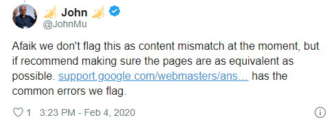 Google: AMP-версия должна быть эквивалентна обычной версии страницы