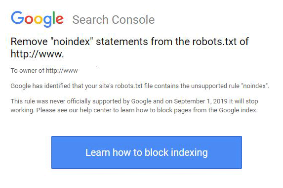 Search Console напоминает удалить тег noindex из robots.txt