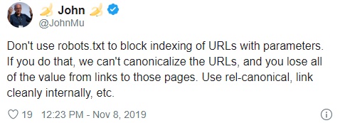 Google: не используйте robots.txt, чтобы заблокировать индексацию URL с параметрами