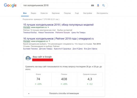 Google отображает панель со статистикой по сайту из Search Console в поиске для России