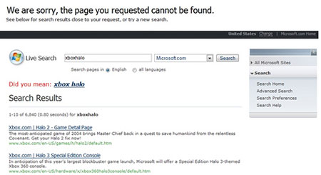 Live Search приватизирует 404 страницы