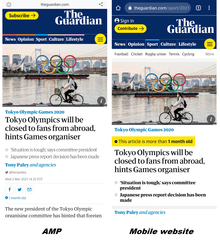 Сравнение AMP и обычной мобильной версии сайта The Guardian