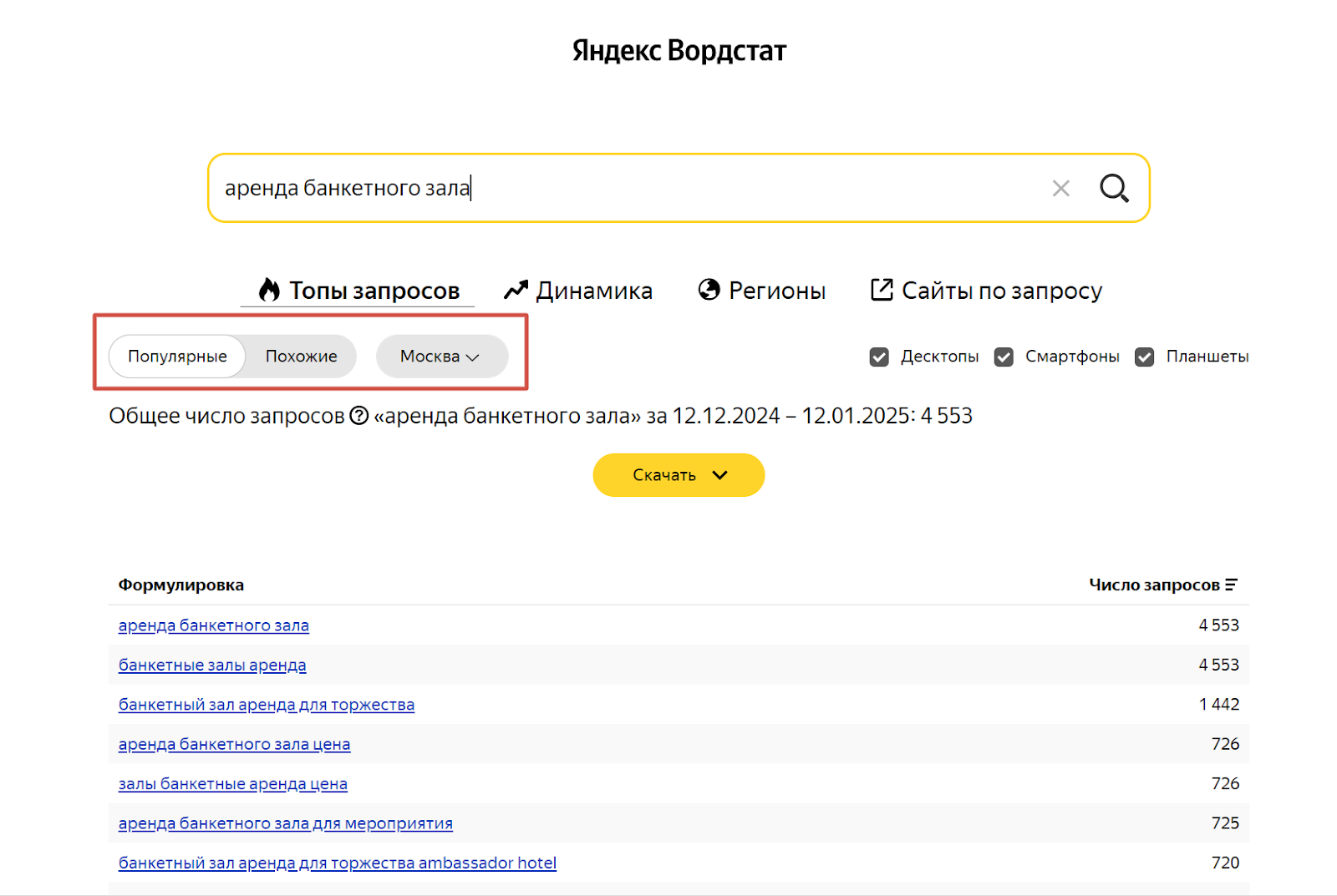 Сбор семантики в Яндекс Вордстат