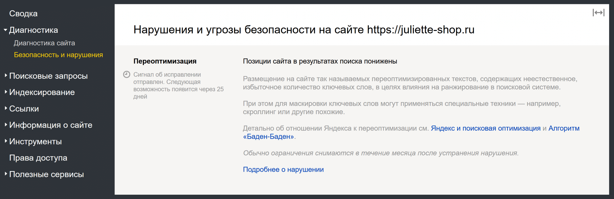 Уведомление о нарушениях на сайте в панели вебмастера Яндекса.png