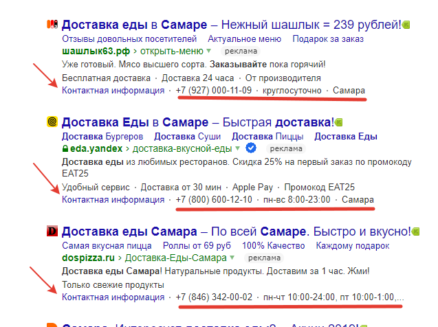 Контактные данные в объявлении в выдаче Яндекса