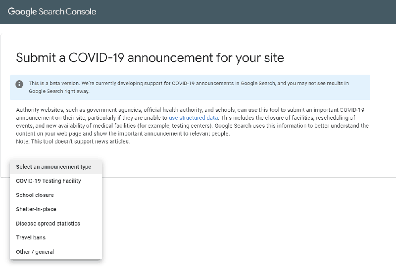 Google запустил в режиме бета новый инструмент в Search Console для публикации экстренных сообщений на тему COVID-19