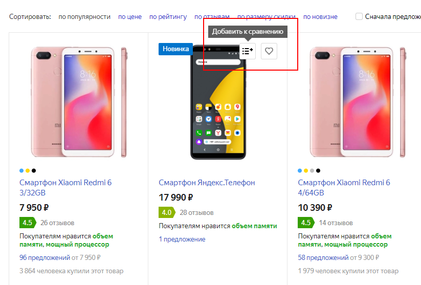 Сравнение товаров одной категории в Яндекс.Маркете