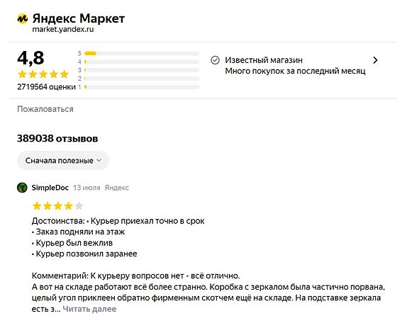 Отображение рейтинга в карточке магазина