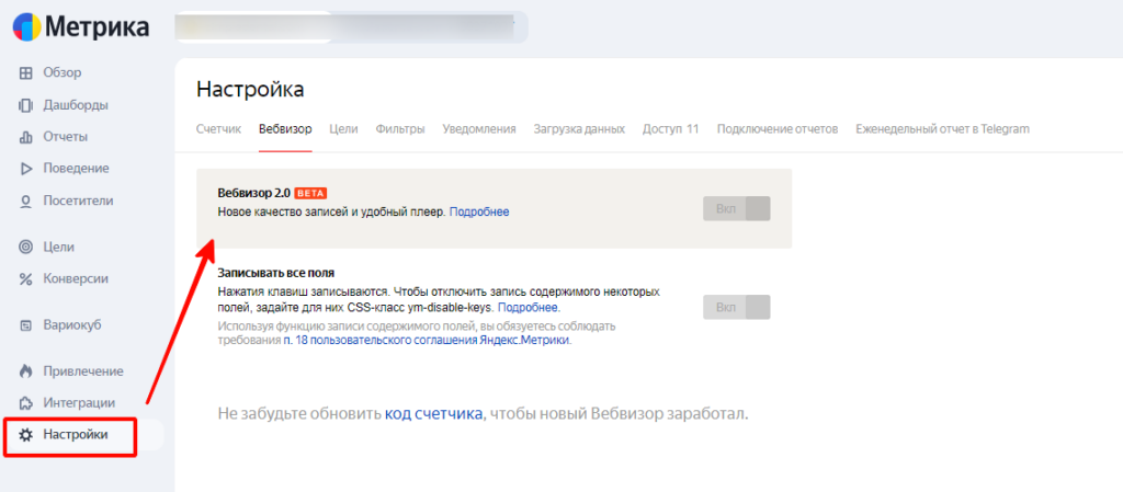 Включенный Вебвизор в «Настройках» Включенный Вебвизор в «Настройках»