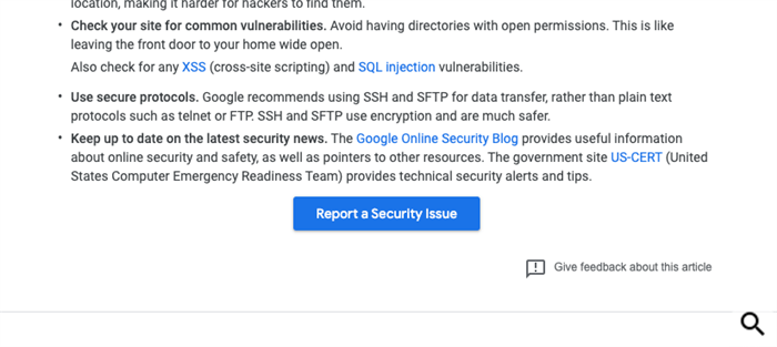 Проверку сайта с помощью кнопки «Report a Security Issue»