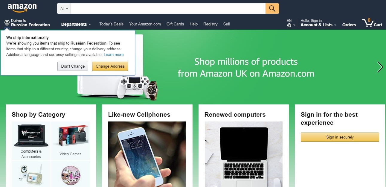 Разновидность e-коммерции на примере интернет-магазина Amazon.