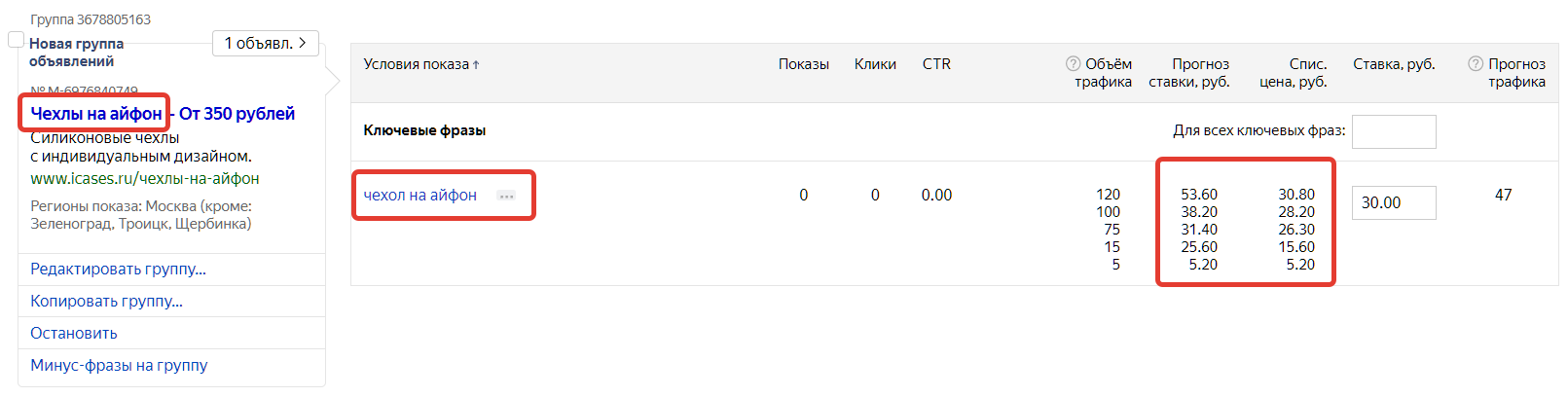 Пример прогнозной цены клика для ключевой фразы "чехол на айфон" в Яндекс.Директе