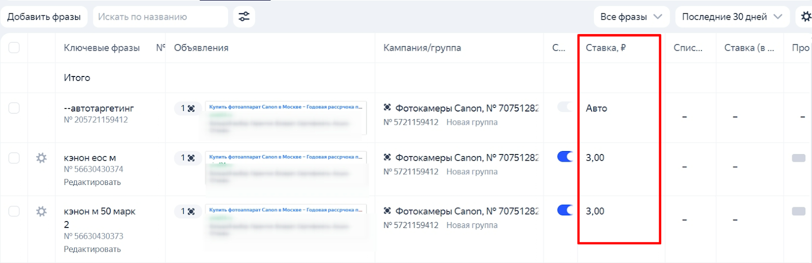 Как менять ставки по ключевым словам