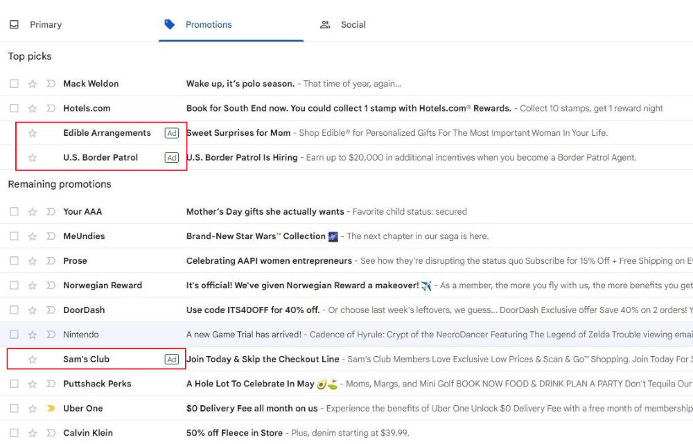 Gmail представляет рекламу между электронными письмами